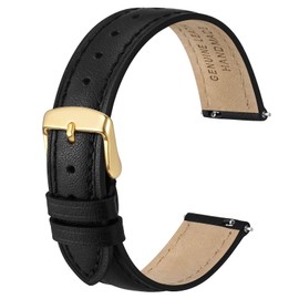 Anbeer 18mm Flat Thin Elegant Genuine Leather Watch Strap,Quick Release Replacement Watch Band,Black with Gold Buckle