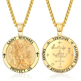 ADMETUS St Michael Necklace for Men Sterling Silver Gold Saint Michael Necklace for Men Double Sided St Michael Pendant Medal Round St Archangel Michael Sigil Protection Jewellery Religious Gifts