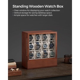 SONGMICS 12-Slot Watch Box, Watch Display Case with Window, Solid Wood Veneer, Velvet Lining, Vertical Storage, Space Saving, Gift Idea, Coffee Brown UJOW014K01
