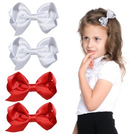 3" Sparkly Hair Bows Alligator Clips Ribbon Hairpins Satin Accessories for Girls, Toddler, Kids and Women Valentines Christmas Birthday Wedding Occasions Set Of 4(Red, Silver)