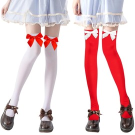 Hpbaggy 2 Pairs of Women's Overknee Stockings with Bow, Knee Stockings Women's White Red Sexy Hold-Up Stockings with Bows, Schoolgirl Outfit Woman, Knee Socks for Valentine's Day, Carnival, Christmas,