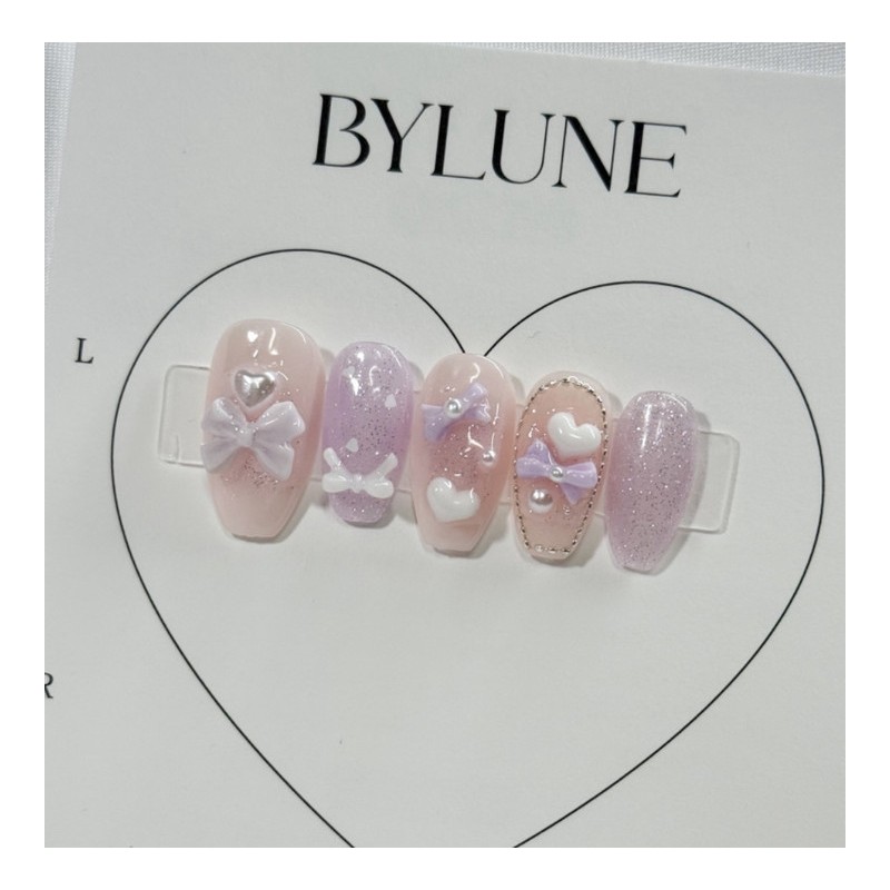 Lavender Bonbon Handmade Nail Tips Ribbon Nail Tips - Short