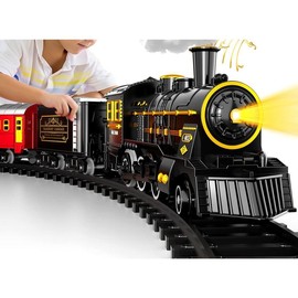 Electric Train Set with Retro Classic Locomotive Engine, Cargo Car and Long Track,Rechargeable Battery Operated Play Train Toys with Smoke, Light&Sounds train carriage，Christmas Train gifts, birthday Train gifts - Color: Black
