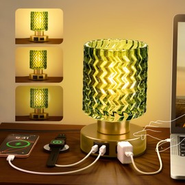 JACKYLED Touch Bedside Lamp with USB-C, USB-A & AC Outlet, 3-Level Dimmable Warm White Light, Small Plug-in Table Lamps for Nightstand, Bedroom, Living Room, Home Office, Dorm(Wave Glass Shade