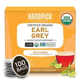 HANDPICK, Organic Earl Grey Black Tea Bags (100 Count) USDA Organic - Earl Grey Tea Bags | 100% Natural Bergamot Extracts | Citrus Flavor, Brew Hot/Iced Tea with or without milk, Packaging May Vary