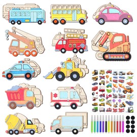 36Pcs Unfinished Wooden Craft,Mini Construction Vehicles Wood Cutouts Arts and Crafts DIY Transportation Painting Car for Kids Boys Girls Car Themed Birthday Party Favor Supplies Home Activities