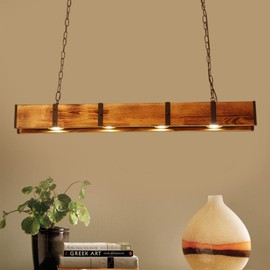 Cbhfmljd Farmhouse Chandeliers Pendant Lamp, Retro Hanging Lamp 4-Light Rustic Wood Beam Linear Hanging Light Vintage Ceiling Light Fixture for Kitchen Island, Restaurants, Cafes, Bars