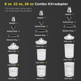 InoKraft Disposable Paint Spray Gun Cup, 3 Cup Size 6 oz, 22 oz, 28 oz Variety Pack Set, 3 Pack Liners and Lid Strainers of Each Size, 3 Hard Cups, Paint System for HVLP LVLP Spray Gun with Adapter