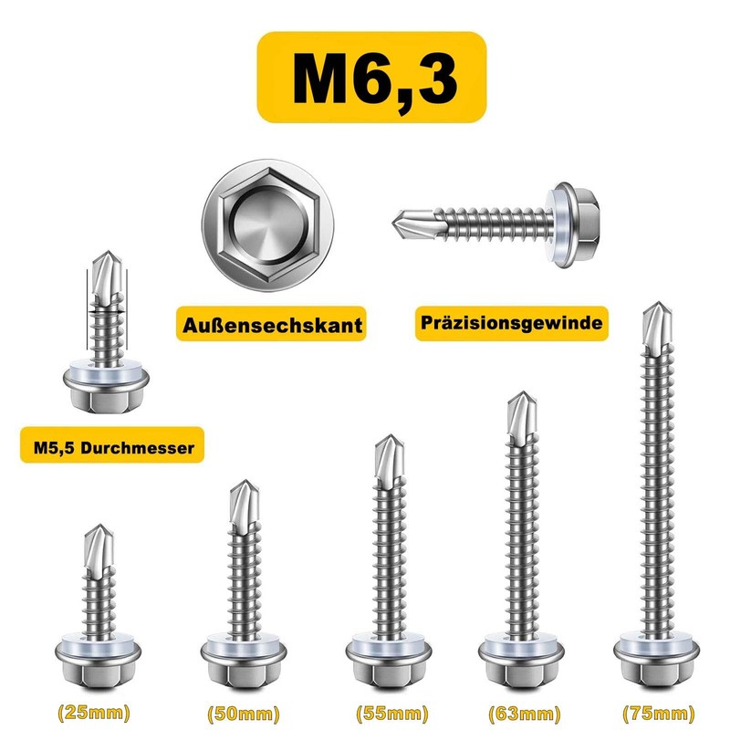 Pack of 25 Self-Tapping Screws 6.3 x 50 mm, Hexagonal