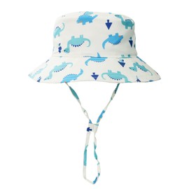 QKURT Kids Sun Hat, Children's Fishing Hat Dinosaur Bucket Hat, Windproof Beach Cap Toddlers Fisherman Hat Summer Sunhat with Breathable Mesh Lining for Ages 2-6 White