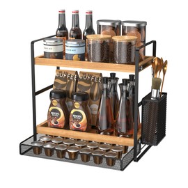 Hanidipa 2 Tier Kitchen Spice Rack Organizer for Countertop with Drawer And Basket, Wood Coffee Counter Shelf Organizer for Home