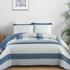 WONGS BEDDING Navy Blue Quilt Queen Size, Bohemian Stripe Quilt Sets 3 Pieces Blue Boho Quilted Bedspread Set Lightweight Microfiber Coverlet Bedding Set All Season (96"x90")