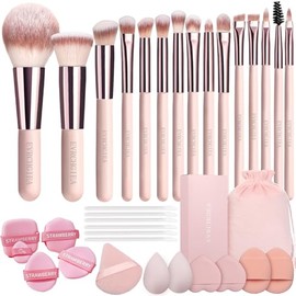 Set de 15 Brochas de Maquillaje de Viaje para Base, Polvos, Correctores Y Sombras de Ojos. Incluye 12 Borlas, Esponjas Y Bolsa (rosa)