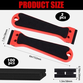 2 Pcs Plastic Scraper with 100 Plastic Razor Blade, 6inch Long Handle with EVA Foam, Super Scratch Remover for Glass, Window, Car Sticker, Glue, Hob, Oven, Non Floor, Wall, Label Remover