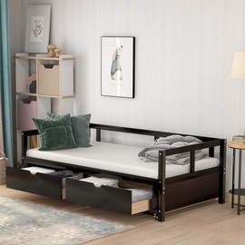 Harper & Bright Designs Twin Daybed with Trundle Bed, Extendable Daybed with Storage Drawers, Twin to King Wooden Sofa Bed (Espresso)