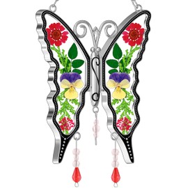 KY&BOSAM Butterfly Suncatcher DIY Gifts for Women Stained Glass for Windows Hanging Wind Chime with Pressed Real Flower and Heart Charm Hoem Decor Birthday Gifts for Women Mother`s Day