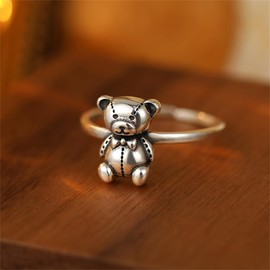 Vintage Bear S925 Sterling Silver Adjustable Open Stacking Rings for Women Cute Animal Extendable Knuckle Middle Tail Thumb Finger Band Comfort Fit Eternity Engagement Statement Wedding Jewelry,