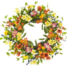 AMF0RESJ 20 inch Spring Summer Wreaths for Front Door Floral Wreath with Colorful Wildflowers,Eucalyptus Leaves,Olive Leaves,Small Berries for Indoor Outdoor Farmhouse Home Wall Window Festival Decoration