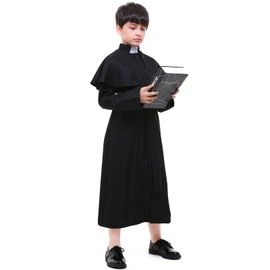 Faltern Priest Costume Boys Kids Clergy Costume Robe Black Catholic Biblical Minister Pastor Choir Cosplay Outfit Cassock