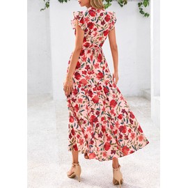 PRETTYGARDEN Women's 2025 Summer Floral Midi Dress Cap Sleeve V Neck Ruffle Long Flowy Boho Casual Beach Vacation Dresses (Floral Orange Pink Red,Small)