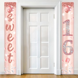 Sweet 16 Birthday Decorations Door Banner for Girls Rose Gold Happy 16th Birthday Porch Sign Sweet 16th Birthday Props Decor for Indoor Outdoor Sixteen Year Old Birthday Supplies