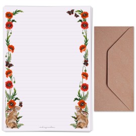 Making Meadows A4 Lined Letter Writing Paper Set (20 Sheets & 10 envelopes) Traditional Rabbit Poppy Flowers Writing Paper Design On Penpal Letter Paper Stationery Set