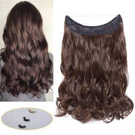 Wire in Hair Extensions 16 inch Light Brown Curly Wavy Hairpiece No Clip Synthetic Hair Wire String