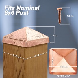 6x6 Hammered Copper Pyramid Post Caps (3-Pack) - Extended Lip - Solid Copper - Will Patina Naturally (5-1/2 x 5-1/2)