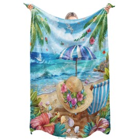 zbezbe Tropical Beach Flannel Blanket Summer Seaside Scene Hat Umbrella Shell Palm Tree Throw Blankets Lightweight Soft for Party Chair Bed Sofa Camping Travel,Home Decor,Gifts Women,50x60in