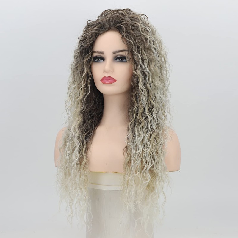 Fencca Long Curly Wigs for Women Ash Blonde Curly Synthetic