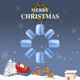 Christmas Press on Nails Short Square Fake Nails With Snowflake Designs Blue Glitter False Nails Press ons Xmas Winter Glue on Nails Acrylic Stick on Nails Full Cover Artificial Nails for Women 24 Pcs