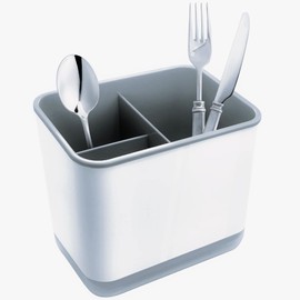 XFLYP Utensil Holder Cutlery Drainer Sink Caddy, 3 Compartments with Drainer, Cutlery Holder for Kitchen and Bathroom Storage Plastic Tableware Storage Drain Box Sink Cleaning Up (Grey)