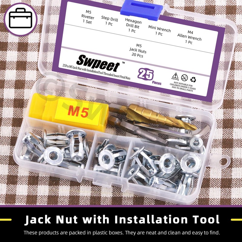 Swpeet 25Pcs M5 Jack Nuts and M5 Hand Rivet Nut
