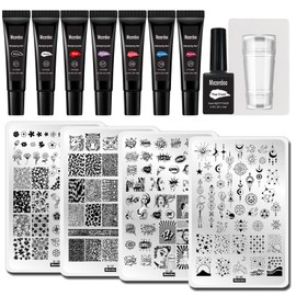 Stamping Gel Nail Stamper Plates Design Kit, 7 Colors Nail Stamping Polish Gel 8ml+ Silicone Nail Stamper Scraper Set+ 4 Nail Stamp Plate Star Moon Flower Leopard Girl Design Templates + 12ml Top Coat
