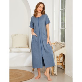Ekouaer Women Robes Zipper Front Short Sleeve Housecoat Full Length Loungewear with Pockets Steel Blue,2XL