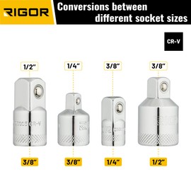 RIGOR 25015 Socket Adapter and Reducer Set, 4-Piece | 2 Adapters and 2 Reducers, Conversions Between 1/4-Inch, 3/8-Inch, 1/2-Inch socket sizes | CR-V (Chrome Vanadium alloy) Steel