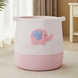 MOJOSCEND Large Baby Laundry Basket, Pink Laundry Hamper for Kids Girls, Toy Blanket Storage Basket for Girls Room Bedroom, Cotton Rope Baskets for Organizing 16" W x 17.7" H