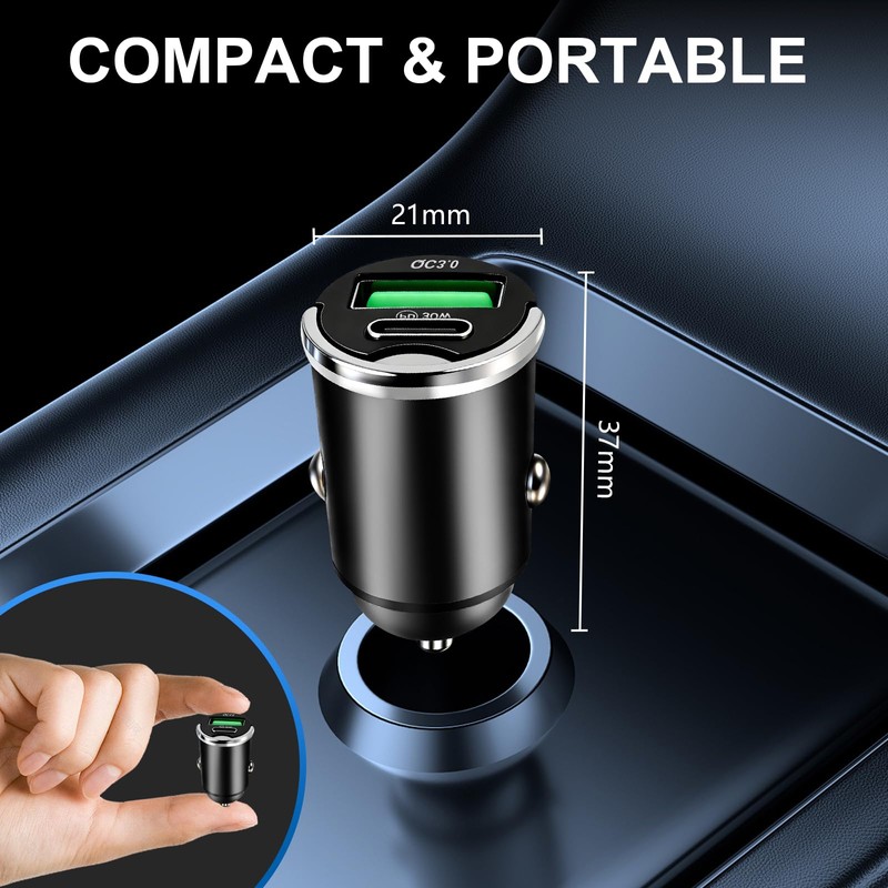 Mini Dual Port Car Charger 48W with 30W PD and