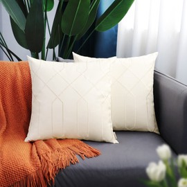 BRAWARM Leather Pillow Covers 18 X 18 Inches, Cream Faux Leather Pillow Covers Pack of 2, Geometric Embroidery Leather Decorative Throw Pillows for Living Room Couch Bed Sofa Home