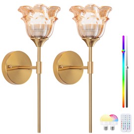 Rnzziw Battery Operated Wall Sconce Set of 2, Mid Century Vanity E26 Wall Light with Rechargeable LED Light Bulbs, 12 Colors Wireless Wall Lamps for Bedroom Living Room Hallway