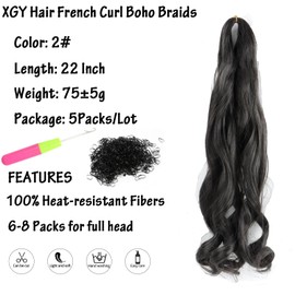 XGY Hair Long French Curly Braiding Hair #2 Brown Synthetic Bouncy Braiding 75g/Pack Curly Crochet 22Inch 5Pack French Curl Braids Hair Extensions (2#, 22inch)