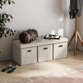 Ornavo Home Storage Ottoman with 3 Drawers, 40 Inches Long Foldable Tufted Linen Large Bench Ottoman with Storage, Foot Rest Stool Seat, for Living Room, Bedroom, Entryway, Beige