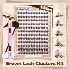 Brown Lash Clusters Kit Wispy Eyelash Extensions Kit Fairy Dark Brown Individual Lashes with Lash Bond and Seal 8-16MM C-Curly Clean Girl Beauty Natural Cluster Lashes (144Pcs, Brown Lash Glue)