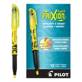Pilot Frixion Light, Marcatexto borrable, tinta color amarillo, punta cincelada, Caja con doce piezas (46502)