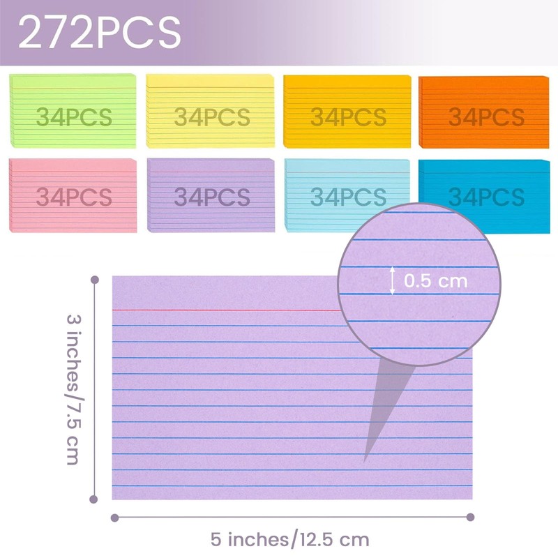 Koogel Index Cards 3x5, 272 Count, Colored Ruled Flash Cards