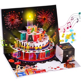Happy Birthday 3D Pop-Up Greeting Card with Lights, Handmade Bracelet, Blow Out Fireworks, Music & Confetti (Model 1)