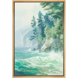 MUDECOR Framed Canvas Print Wall Art Emerald Green Teal Ocean Wave Forest Tree Nature Wilderness Illustrations Modern Art Floral Botanical for Living Room, Bedroom, Office - 16"x24" Natural