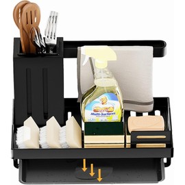 Soporte para Esponja para Fregadero de Cocina con Bandeja de Drenaje-Negro Organizador para Fregadero, Sin Perforación,Fácil de Limpiar, Cepillo de Acero Titanio, Para Cocina o Baño