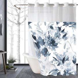 Navy Blue Floral Shower Curtain No Hook with Snap in Liner- Watercolor White Hotel Shower Curtains for Bathroom, Modern Ink Flowers Plant Bath Curtain, Water-Repellent & Washable Fabric,71 x 74 inches