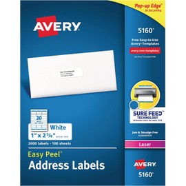 Avery Easy Peel White Mailing Labels for Laser Printers, 1 x 2.62 Inch, Box of 3000 (5160)